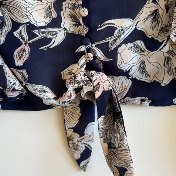 Bardot Floral Tie Front Blouse XS | Navy Ruffle Sleeve V-Neck Boho Top - Picture 4 of 6